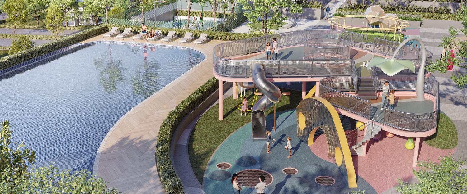 Resort pool and children&rsquo;s playground on the Level 7 podium at Ponderosa Regency