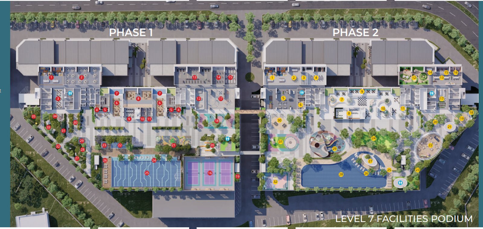 Keyed plan of the Level 7 facilities podium, numbered across Phase 1 and Phase 2