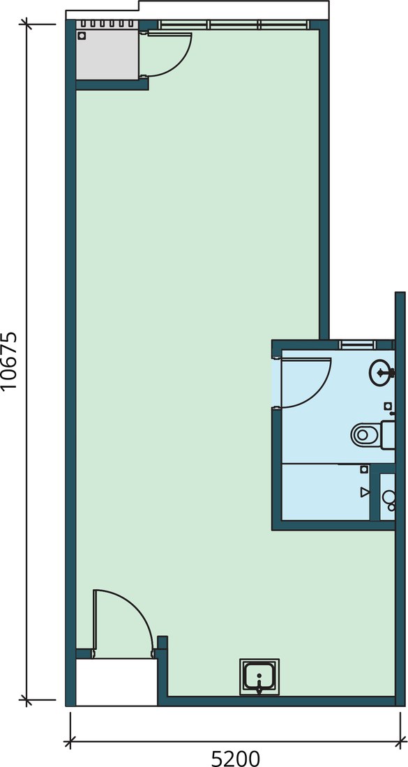 Type A studio bare unit layout, 532 square feet with one bathroom