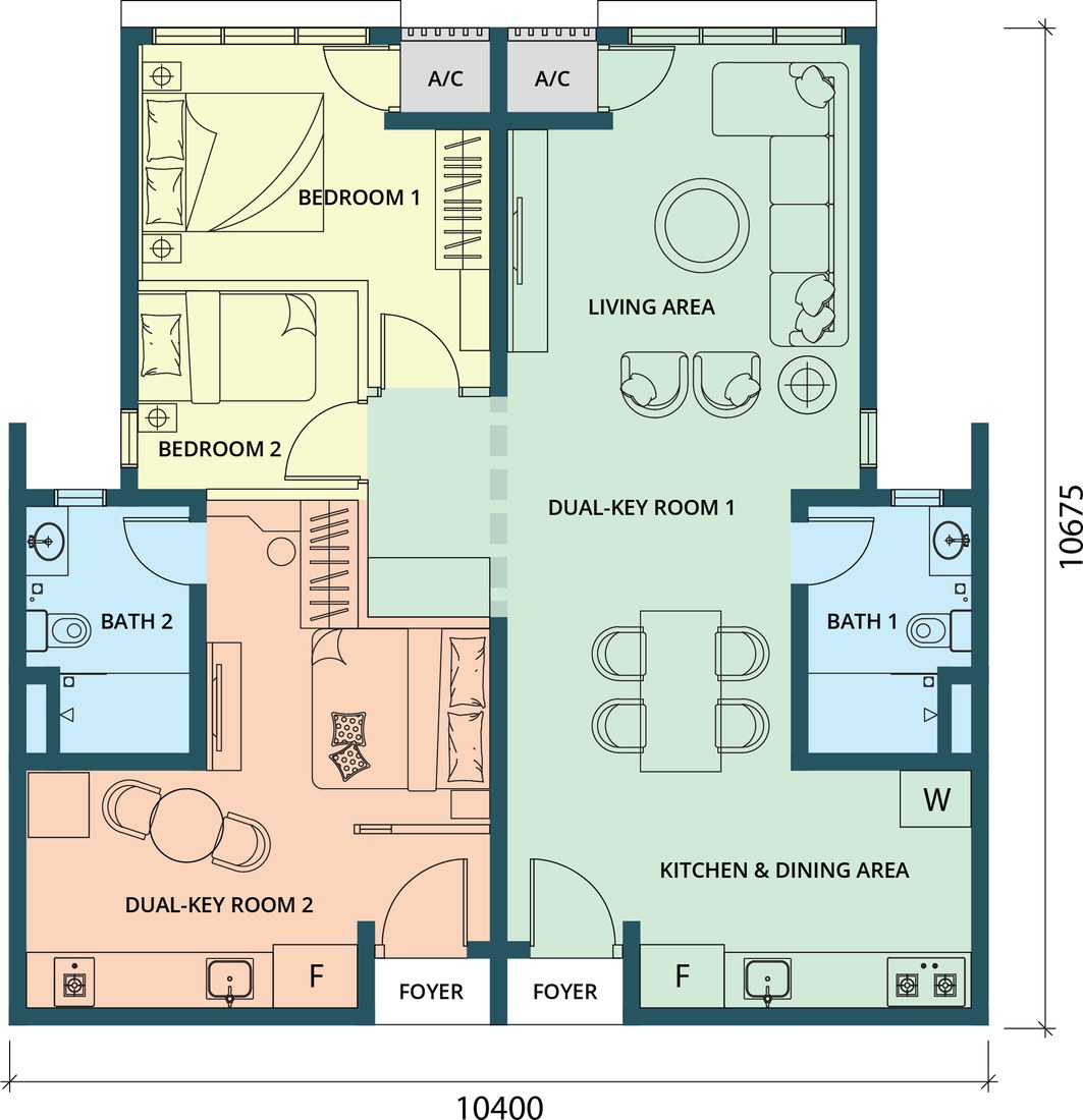 Type AA dual-key layout: two independent homes, each with its own foyer and bathroom
