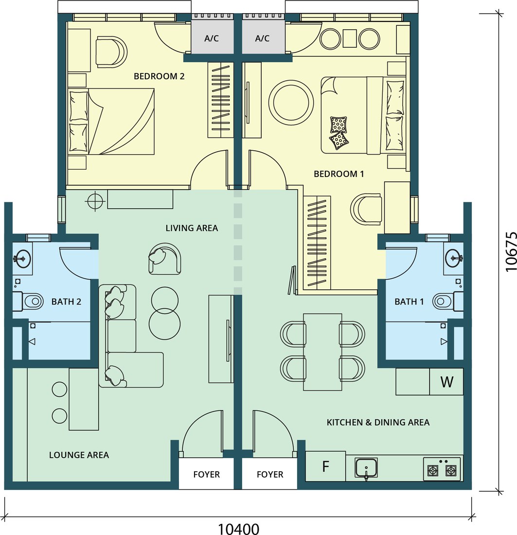 Type AA two-bedroom layout with living, dining and kitchen