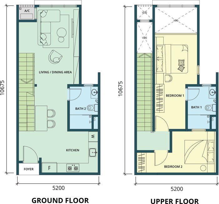 Type C duplex floor plan, 971 sq ft over two levels