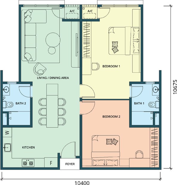 Type B1 floor plan, 1,065 sq ft with two bedrooms